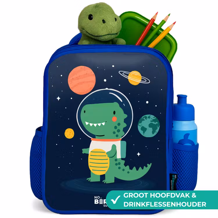 Ruimte - Dino - Planeten - Sterren Kinderrugzak - Blauw middel -inhoud_NL
