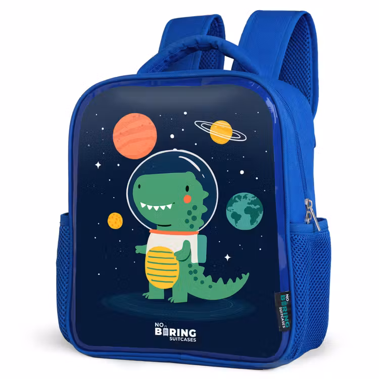 Ruimte - Dino - Planeten - Sterren Kinderrugzak - Blauw middel -schuin