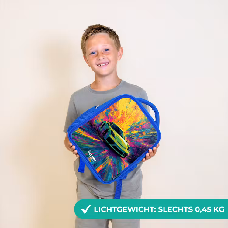 Sportwagen - Explosie - Kleurrijk - Verfstrepen Kinderrugzak - Blauw middel -sfeer1_NL