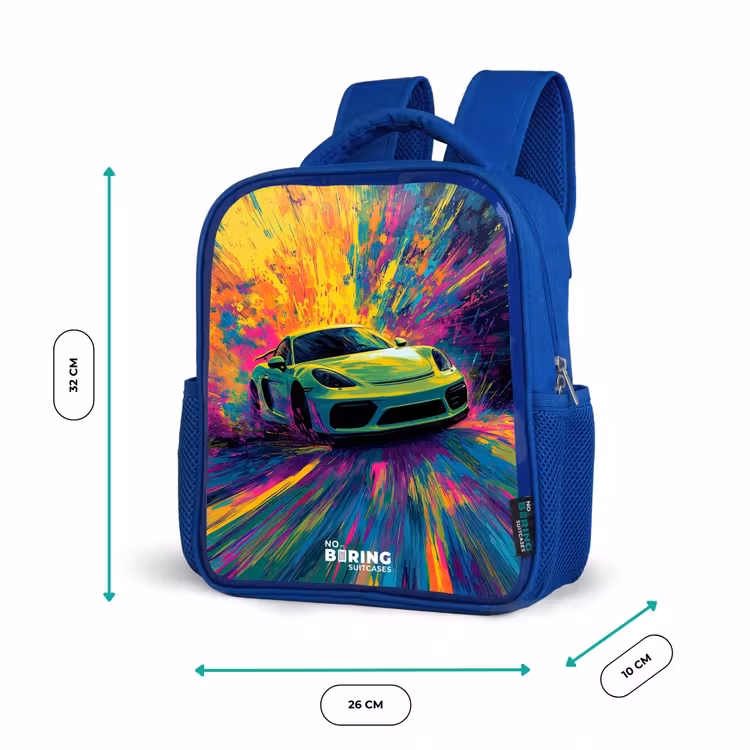 Sportwagen - Explosie - Kleurrijk - Verfstrepen Kinderrugzak - Blauw middel -productfoto_formaten