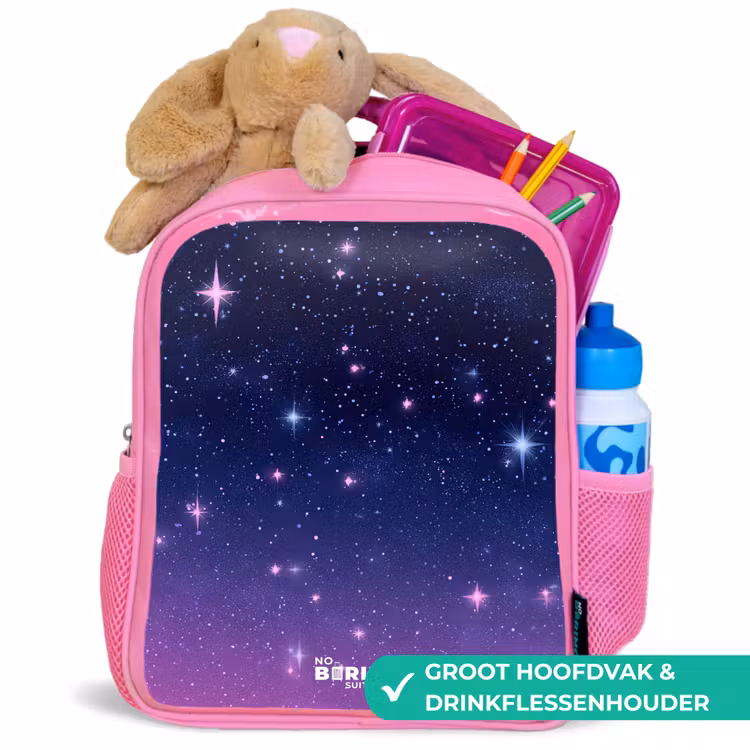 Sterren - Galaxy - Blauw - Roze Kinderrugzak - Roze middel -inhoud_NL