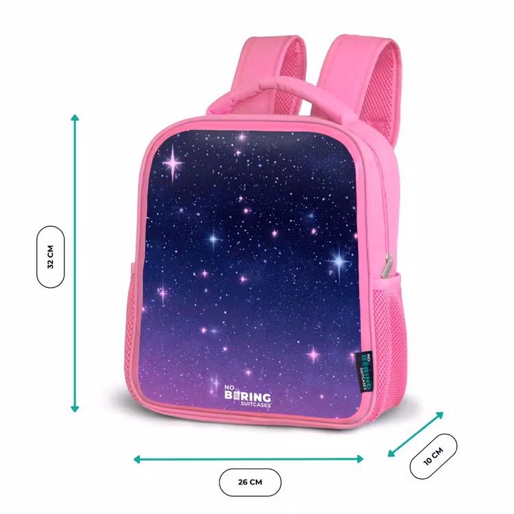 Sterren - Galaxy - Blauw - Roze Kinderrugzak - Roze middel -productfoto_formaten