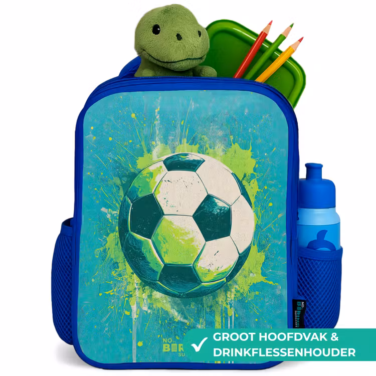 Voetbal - Verfspatten - Groen - Blauw Kinderrugzak - Blauw middel -inhoud_NL