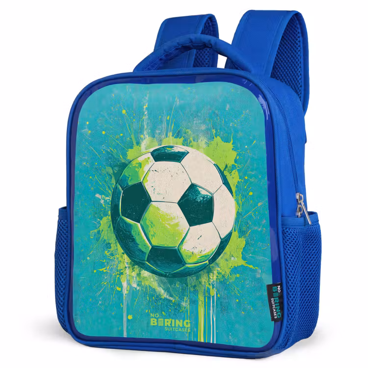 Voetbal - Verfspatten - Groen - Blauw Kinderrugzak - Blauw middel -schuin