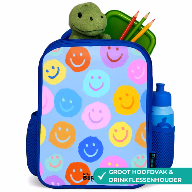 Vrolijk patroon van smileys Kinderrugzak - Blauw middel -inhoud_NL