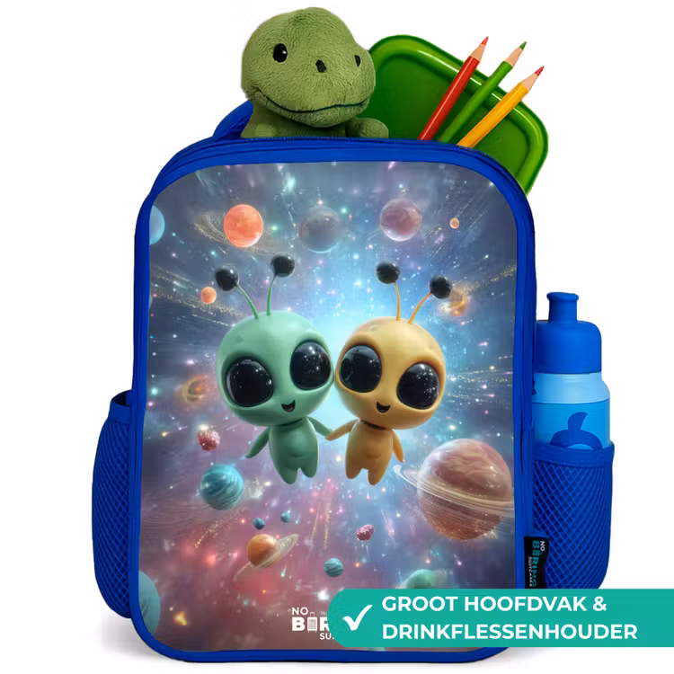Vrolijke buitenaardse vrienden Kinderrugzak - Blauw middel -inhoud_NL