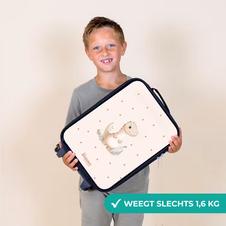 Beige dino op een stippen achtergrond Kinderkoffer - Zwart klein -sfeer4_NL