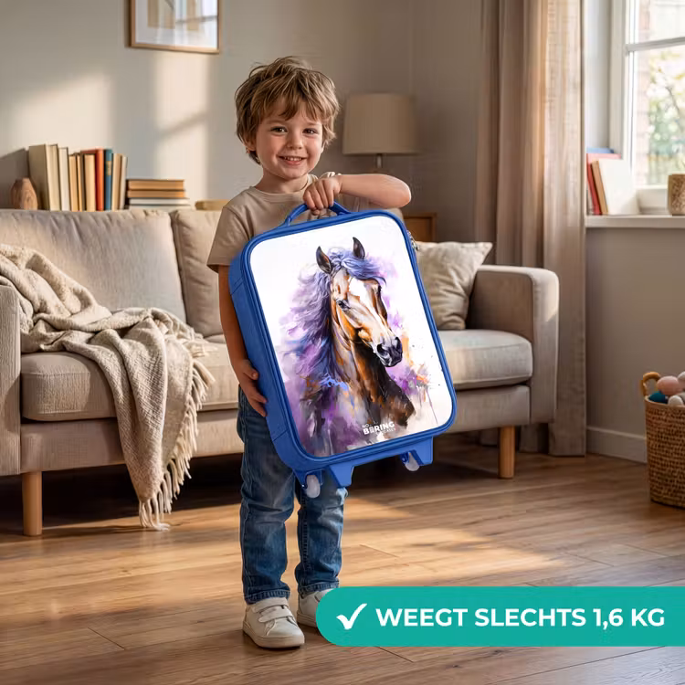 Aquarel paard met paarse manen Kinderkoffer - Blauw klein -sfeer2_NL