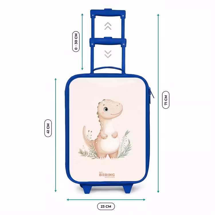 Beige dinosaurus met groene blaadjes Kinderkoffer - Blauw klein -productfoto_formaten