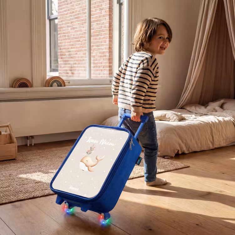 Beige walvis in bloemenzee Kinderkoffer - Blauw klein -sfeer1