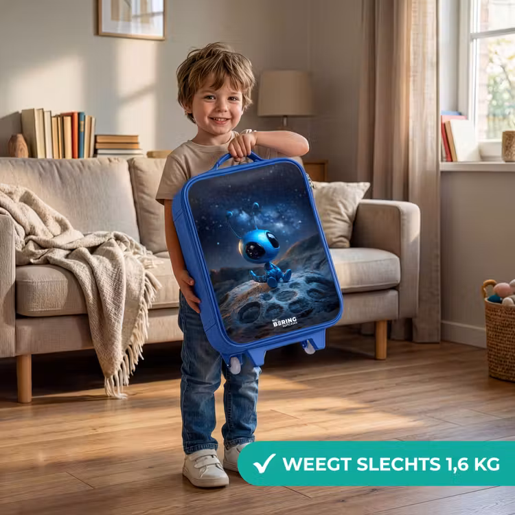 Blauw buitenaards wezentje onder sterrenhemel Kinderkoffer - Blauw klein -sfeer2_NL