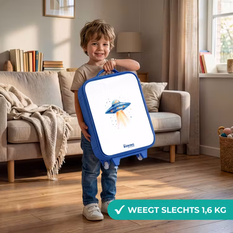 Blauw ruimteschip met lichtstraal Kinderkoffer - Blauw klein -sfeer2_NL