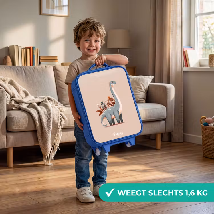 Blauwe dinosaurus op een beige achtergrond Kinderkoffer - Blauw klein -sfeer2_NL