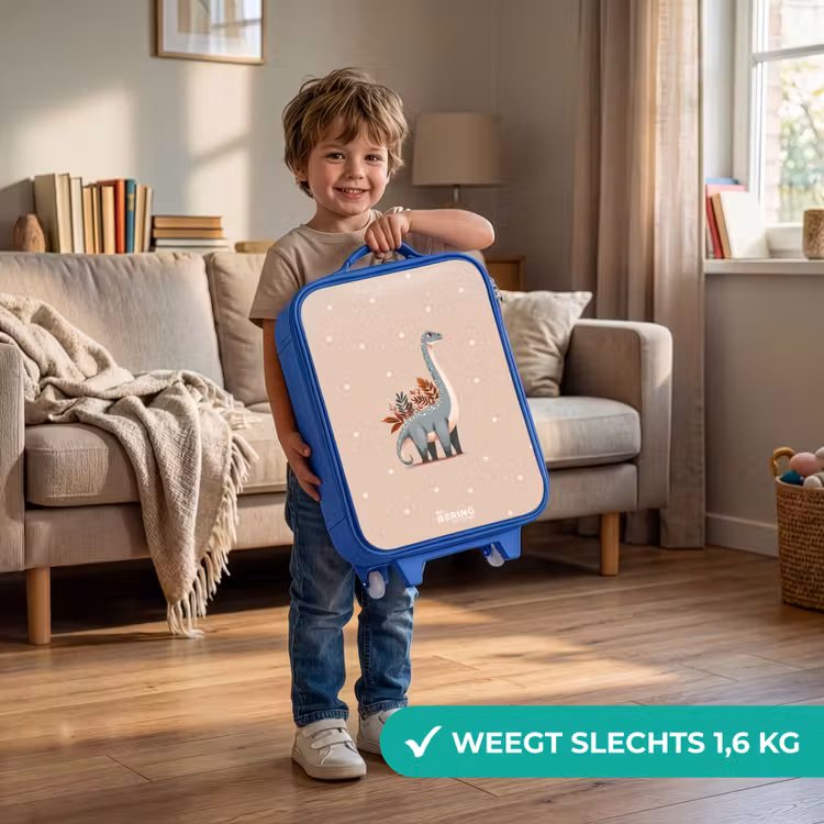 Blauwe dinosaurus op een beige stippenachtergrond Kinderkoffer - Blauw klein -sfeer2_NL