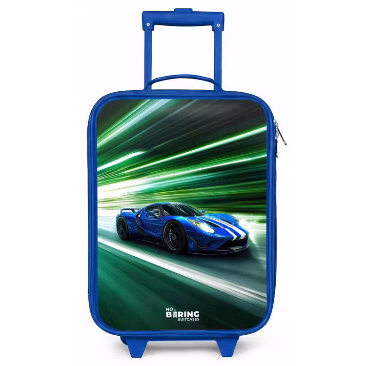 Blauwe raceauto met strepen in groene tunnel Kinderkoffer - Blauw klein -zz3dotto