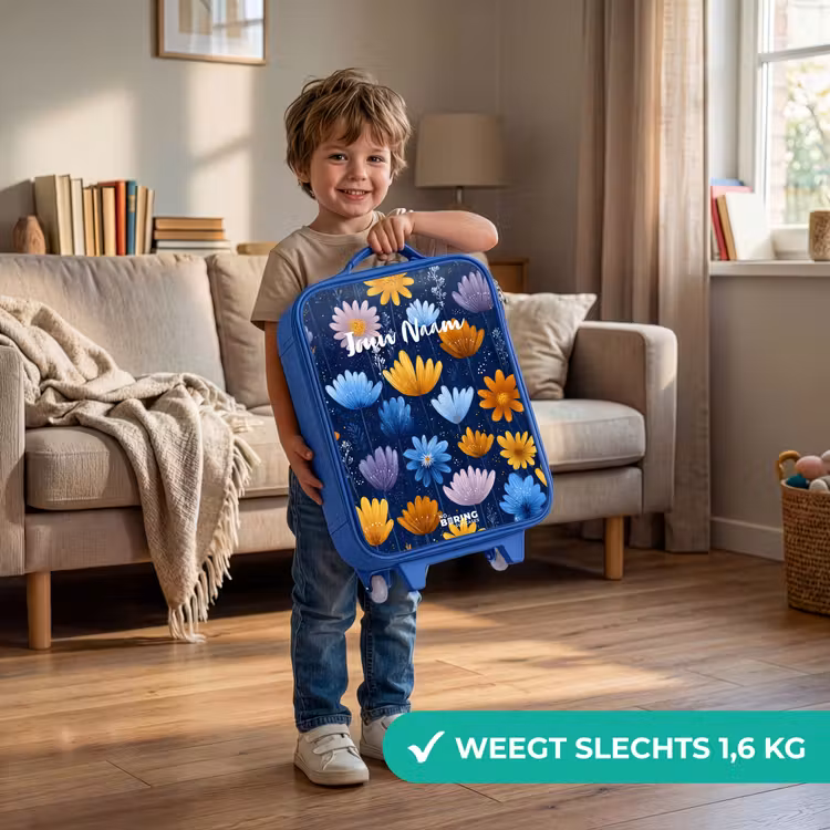 Bloemen op een donkerblauwe achtergrond Kinderkoffer - Blauw klein -sfeer2_NL