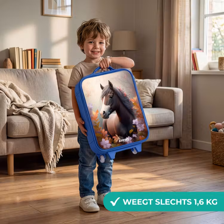 Bruin paard in de herfst Kinderkoffer - Blauw klein -sfeer2_NL