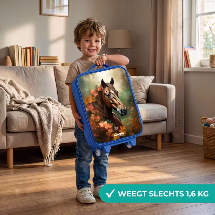 Bruin paard tussen de bloemen Kinderkoffer - Blauw klein -sfeer2_NL