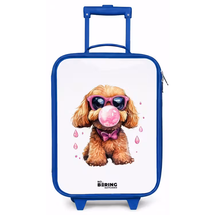 Bruine hond met roze bril en kauwgombal Kinderkoffer - Blauw klein -zz3dotto
