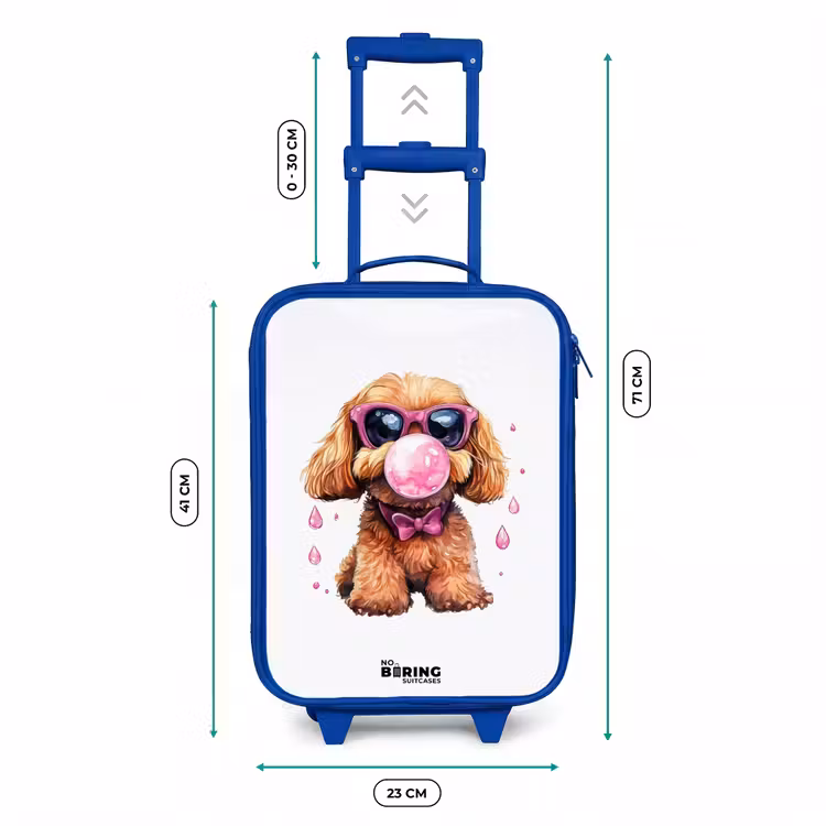 Bruine hond met roze bril en kauwgombal Kinderkoffer - Blauw klein -productfoto_formaten