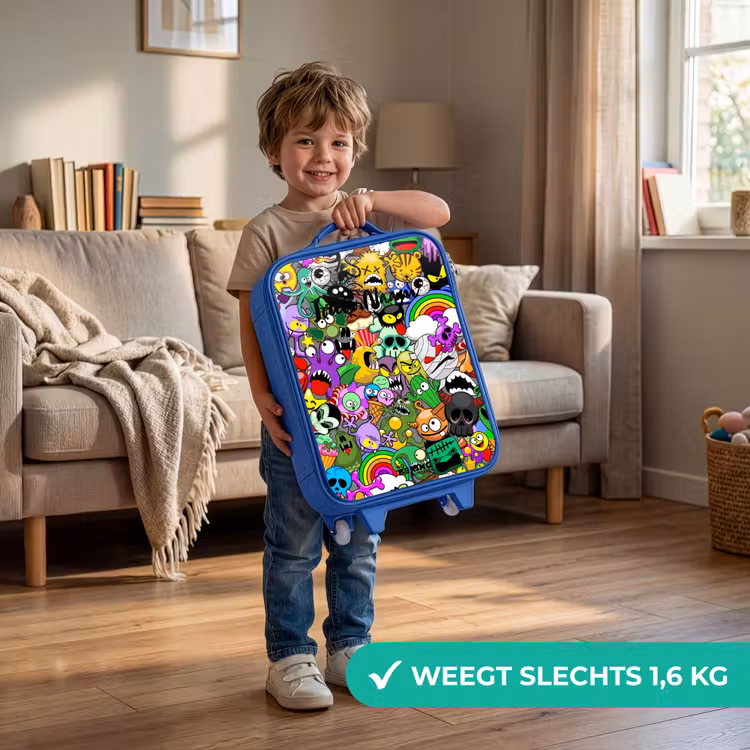 Chaotisch kleurrijk monster patroon Kinderkoffer - Blauw klein -sfeer2_NL