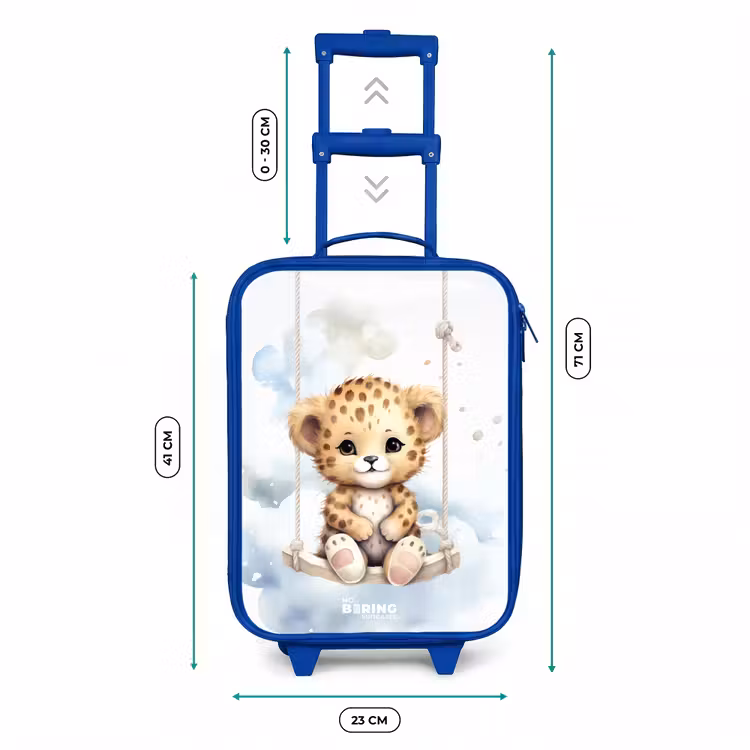 Cheeta welpje op een schommel in de wolken Kinderkoffer - Blauw klein -productfoto_formaten