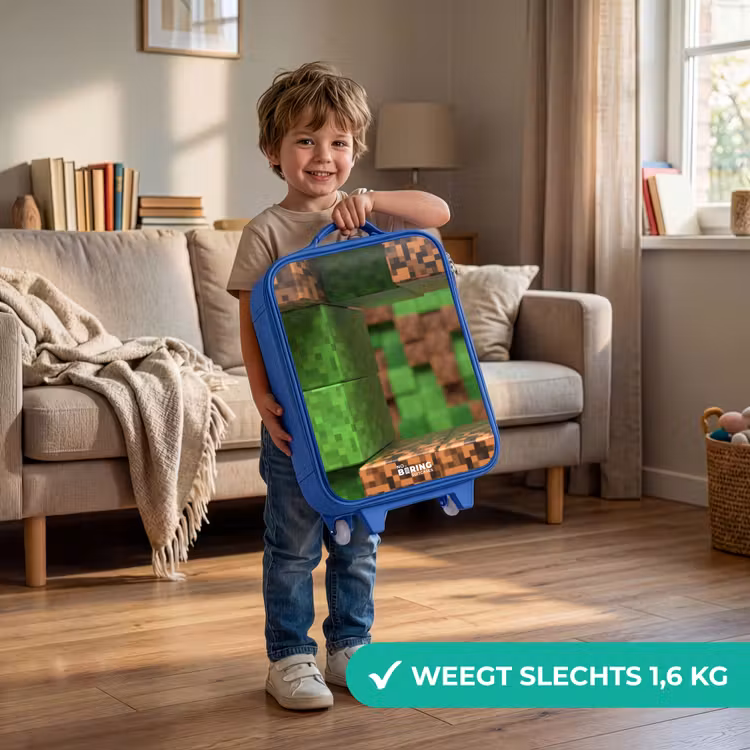 Close-up met pixelachtige blokken Kinderkoffer - Blauw klein -sfeer2_NL