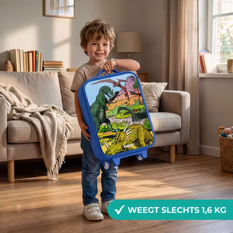 Dino's bij een vulkaan Kinderkoffer - Blauw klein -sfeer2_NL