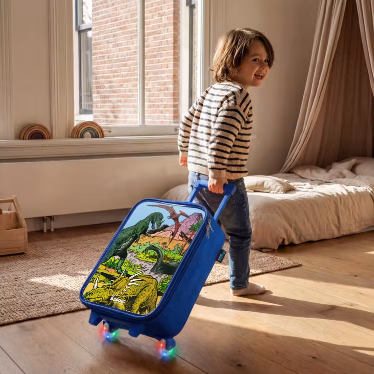 Dino's bij een vulkaan Kinderkoffer - Blauw klein -sfeer1