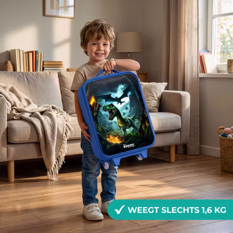 Dinosaurus en draak in vurige junglevallei Kinderkoffer - Blauw klein -sfeer2_NL