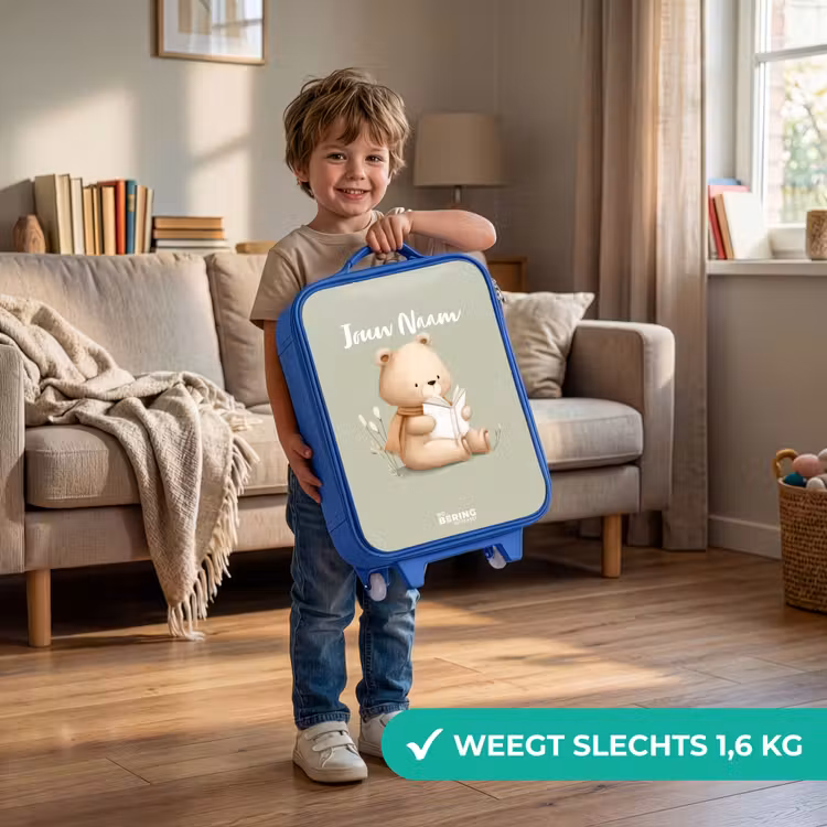 Een bruine beer met een boek - Groen Kinderkoffer - Blauw klein -sfeer2_NL