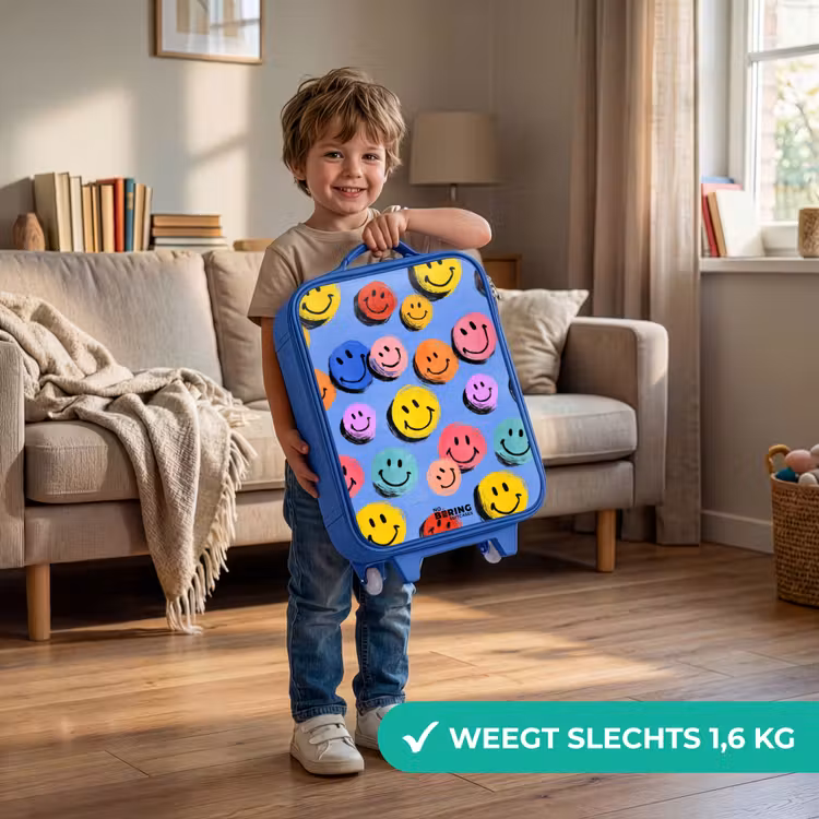 Een speels en kunstzinnig patroon van kleurrijke smileys Kinderkoffer - Blauw klein -sfeer2_NL