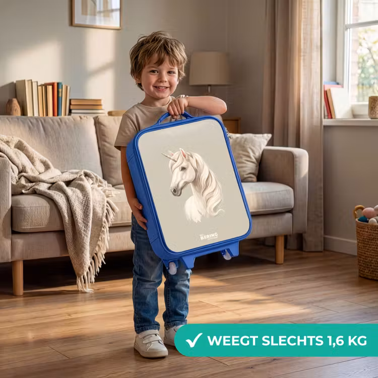 Eenhoorn in neutrale kleuren Kinderkoffer - Blauw klein -sfeer2_NL