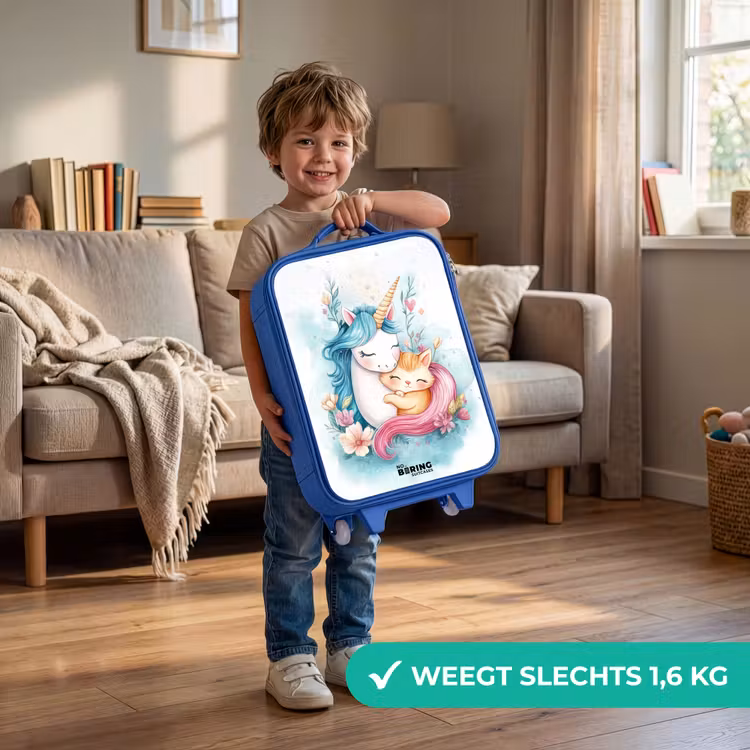 Eenhoorn met blauwe manen en oranje kitten Kinderkoffer - Blauw klein -sfeer2_NL