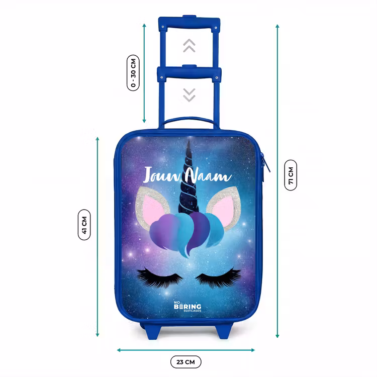 Eenhoorn op een sterrenhemel achtergrond Kinderkoffer - Blauw klein -productfoto_formaten