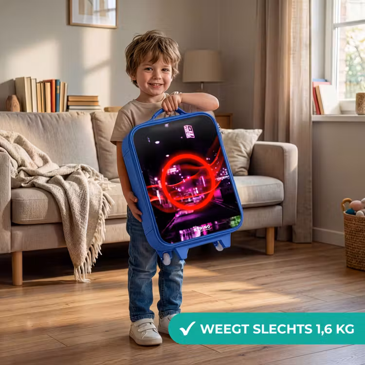 Felrode cirkel boven een neonverlichte stad Kinderkoffer - Blauw klein -sfeer2_NL