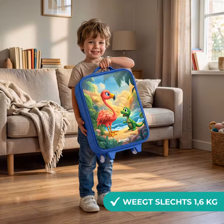 Flamingo en dinosaurus op strand bij ondergaande zon Kinderkoffer - Blauw klein -sfeer2_NL