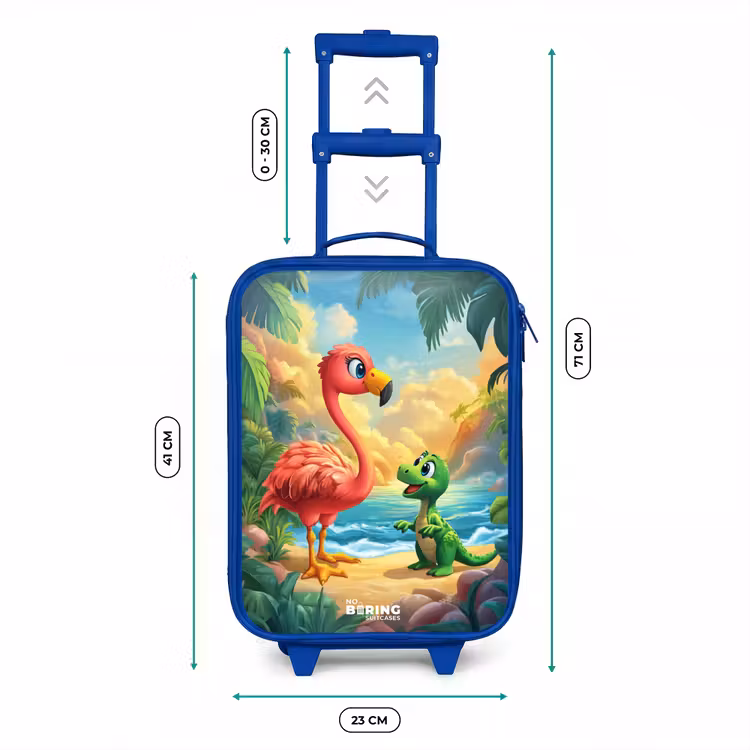 Flamingo en dinosaurus op strand bij ondergaande zon Kinderkoffer - Blauw klein -productfoto_formaten