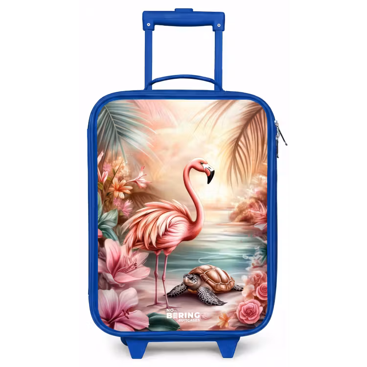 Flamingo en schildpad op een roze strand. Kinderkoffer - Blauw klein -zz3dotto