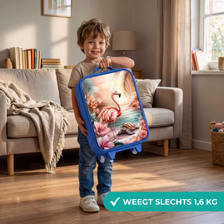 Flamingo en schildpad op een roze strand. Kinderkoffer - Blauw klein -sfeer2_NL
