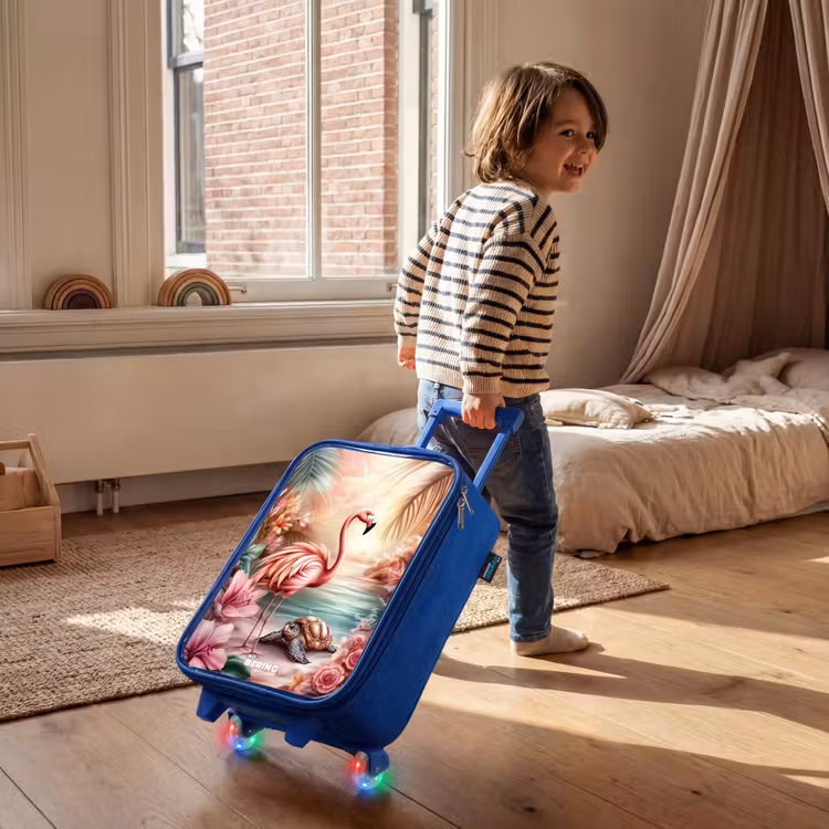 Flamingo en schildpad op een roze strand. Kinderkoffer - Blauw klein -sfeer1