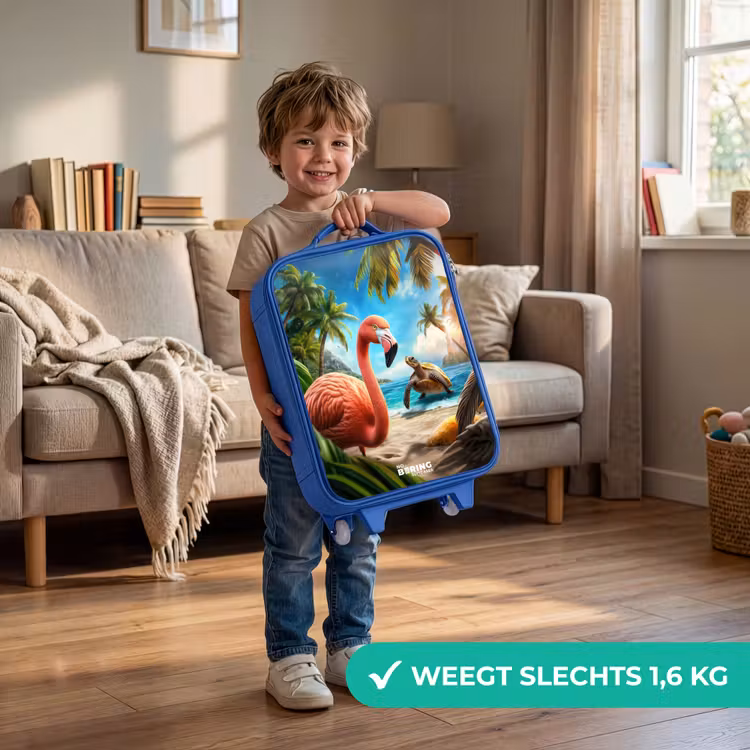 Flamingo en schildpad op tropisch strand Kinderkoffer - Blauw klein -sfeer2_NL