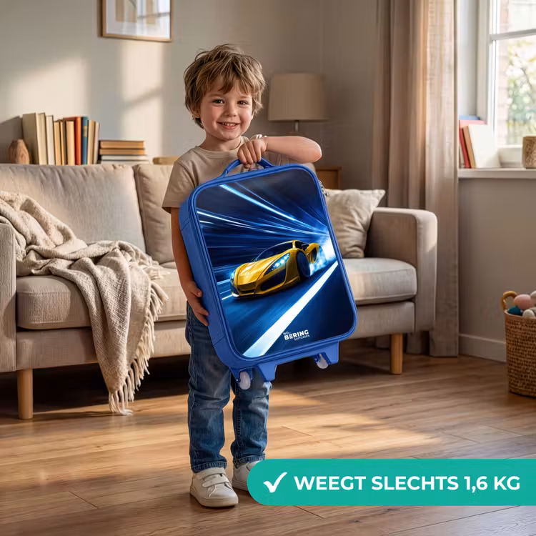 Gele sportwagen in lichttunnel van snelheid Kinderkoffer - Blauw klein -sfeer2_NL