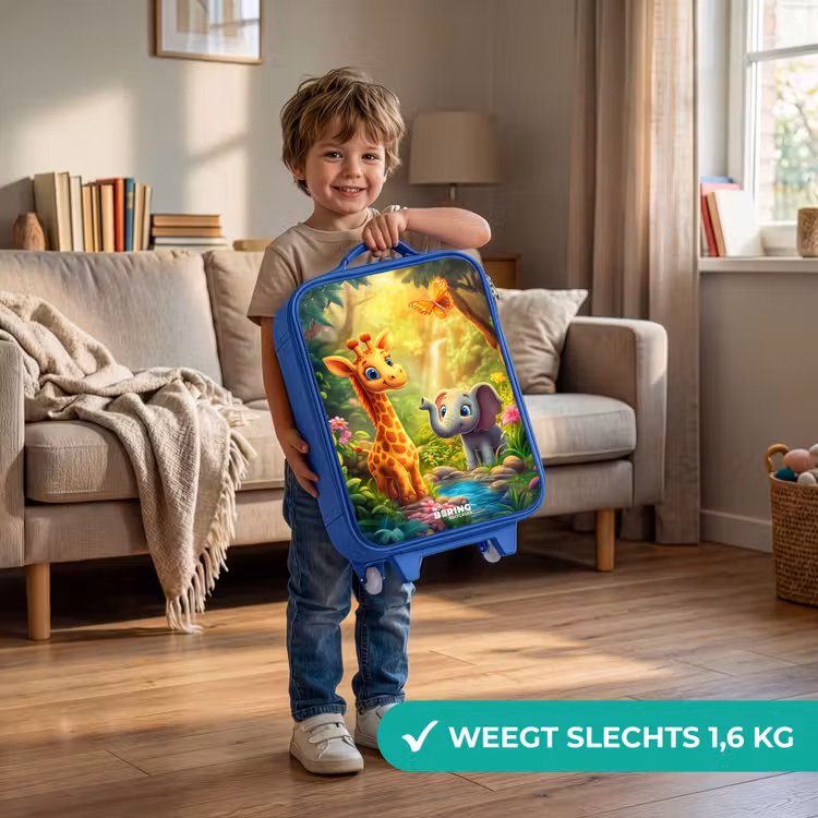 Giraf en olifant bij beekje in de Jungle Kinderkoffer - Blauw klein -sfeer2_NL