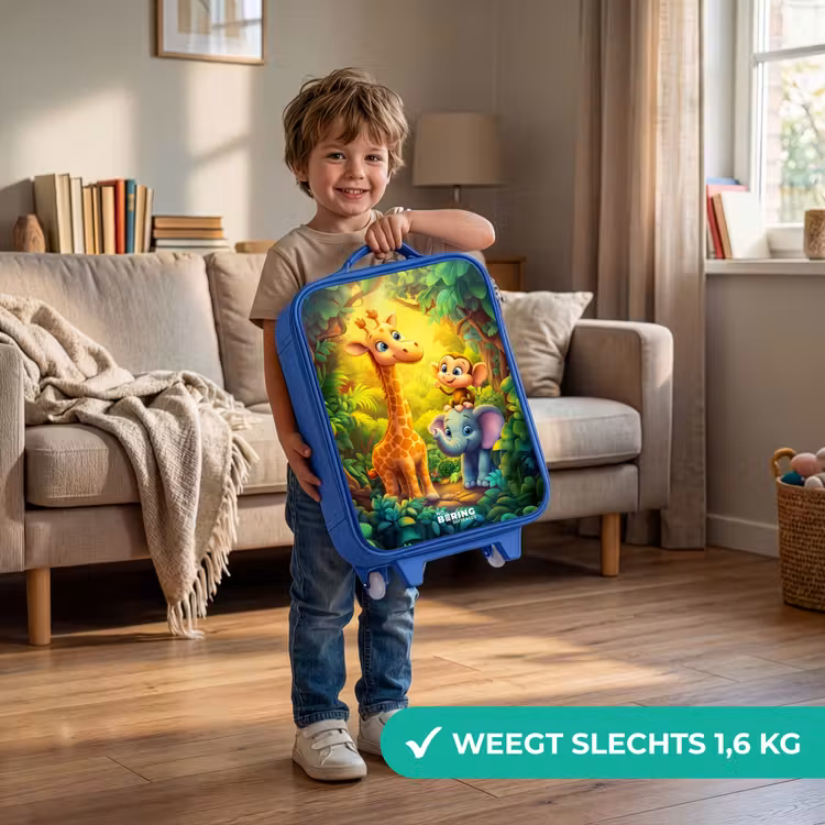 Giraf, olifant en aapje in het bos Kinderkoffer - Blauw klein -sfeer2_NL