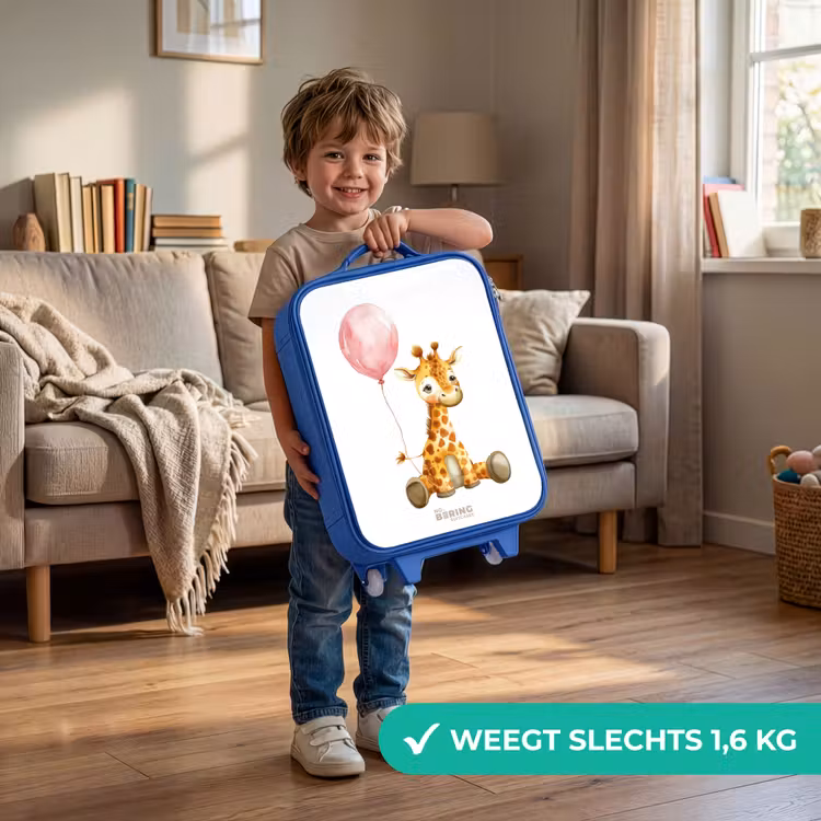 Giraffe met roze ballon Kinderkoffer - Blauw klein -sfeer2_NL