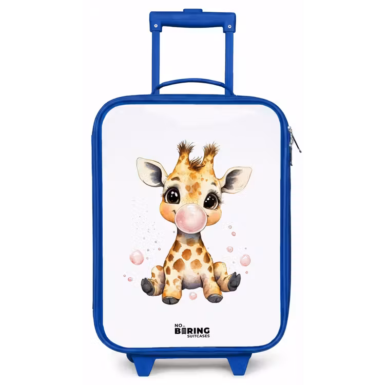 Giraffe met roze kauwgombal Kinderkoffer - Blauw klein -zz3dotto