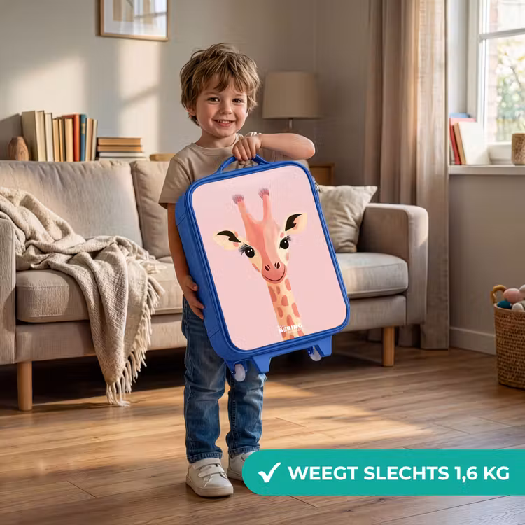 Giraffe - Wimpers - Minimalistisch - Roze Kinderkoffer - Blauw klein -sfeer2_NL