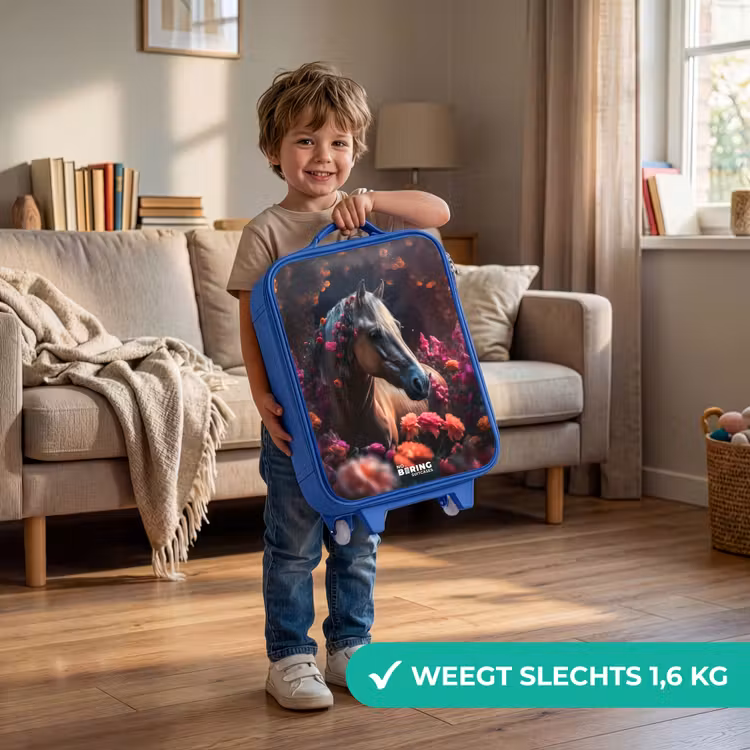 Goudbruin paard tussen de bloemen Kinderkoffer - Blauw klein -sfeer2_NL