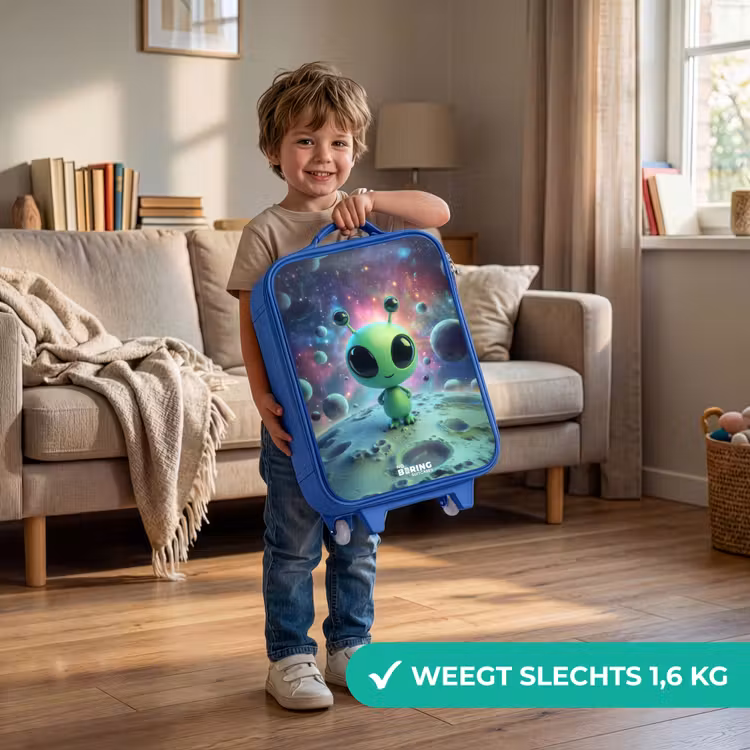 Groen buitenaards wezentje op maanlandschap Kinderkoffer - Blauw klein -sfeer2_NL